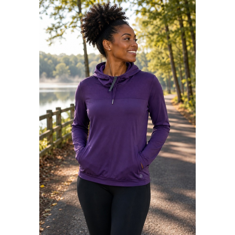 GAIAM Womens Large Plum Purple Hooded Athletic Pullover Mesh Workout Top